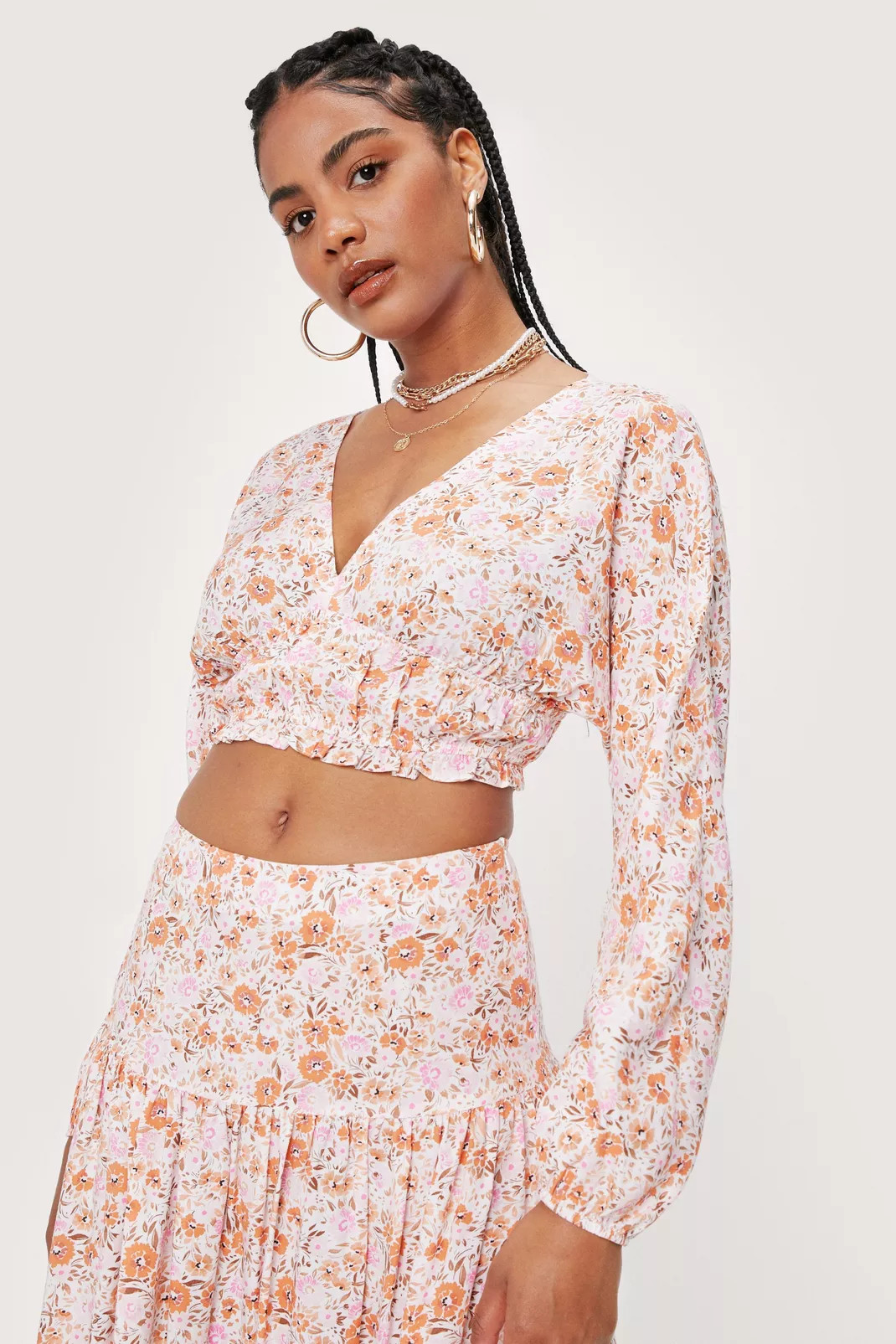 Floral V Neck Cropped Ruffle Hem Blouse | Nasty Gal (US)