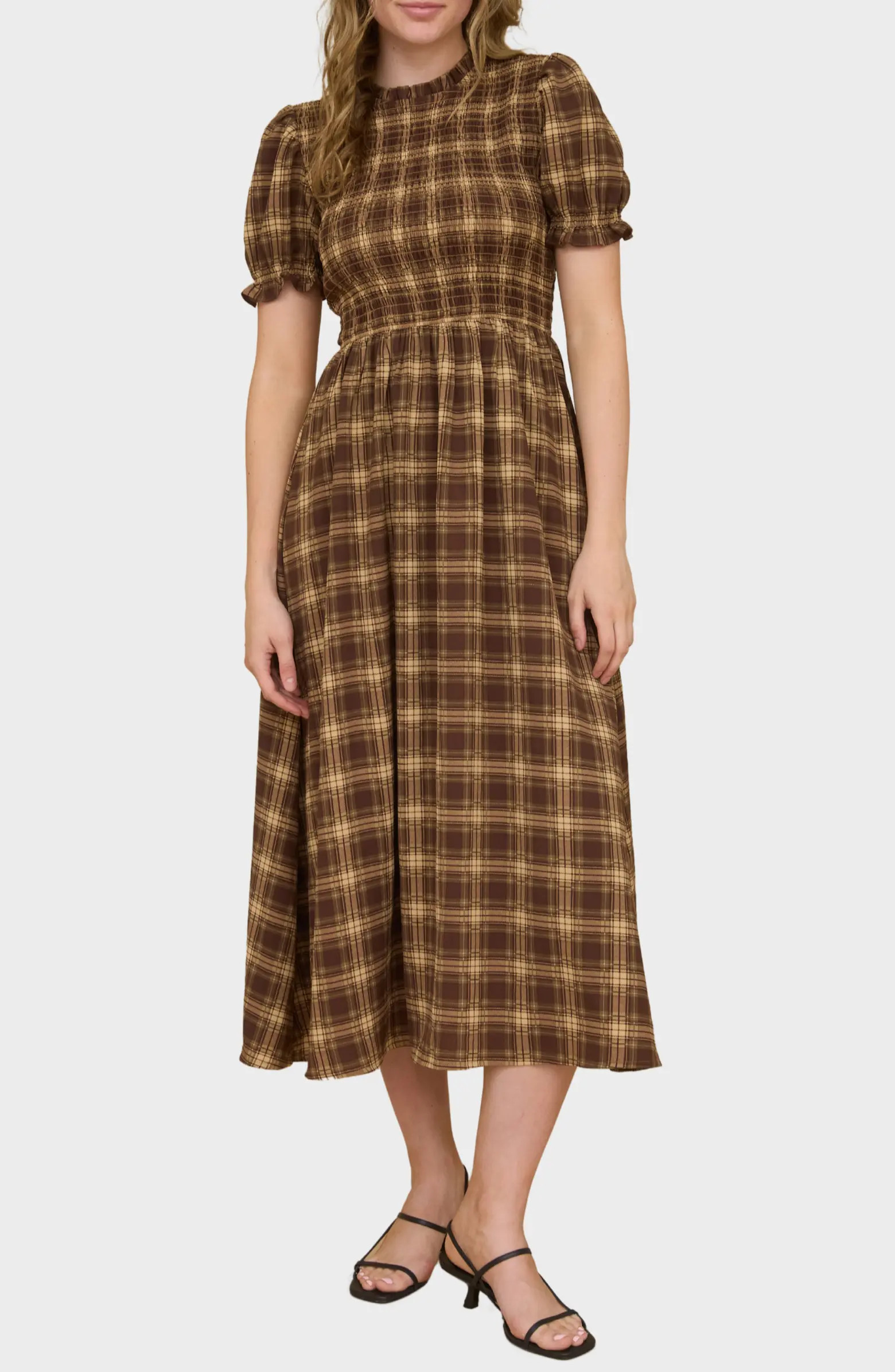 AUGUST SKY Smocked Puff Sleeve Midi Dress | Nordstromrack | Nordstrom Rack