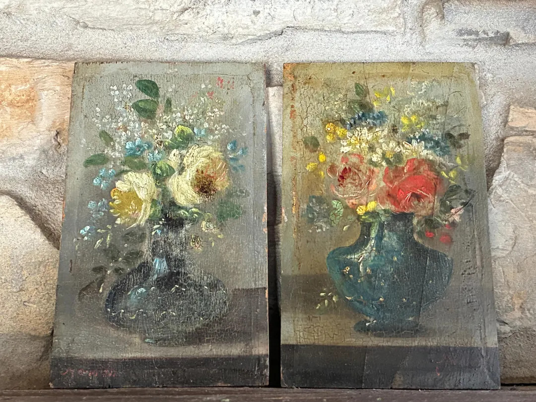 Pair of Small French Antique Unframed Oil on Board Paintings of Flowers in a Vase / Chrming 19th ... | Etsy (US)