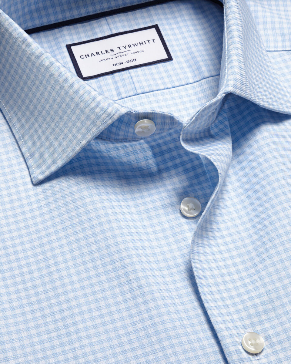 Non-Iron Cotton Linen Check Shirt - Sky Blue | Charles Tyrwhitt