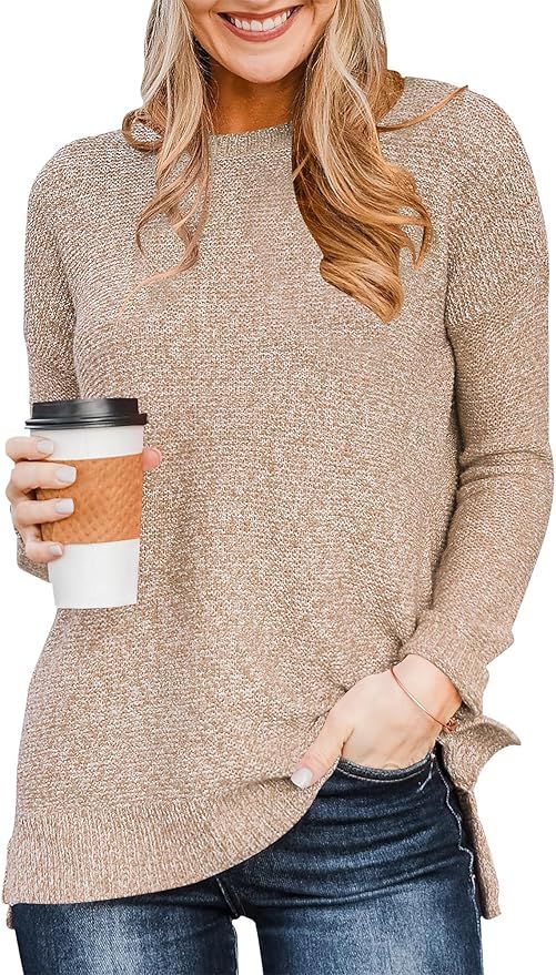 LOGENE Women's Casual Long Sleeve Crew Neck Soft Side Split Knit Pullover Sweater Tops | Amazon (US)