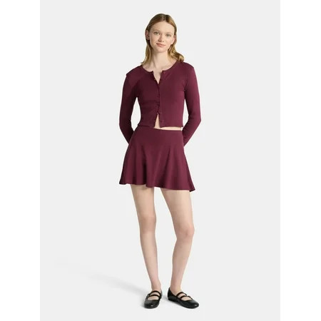 No Boundaries Cotton Button-Front Cardigan and Mid-Rise Mini Skort Set, 2-Piece, Women’s | Walmart (US)
