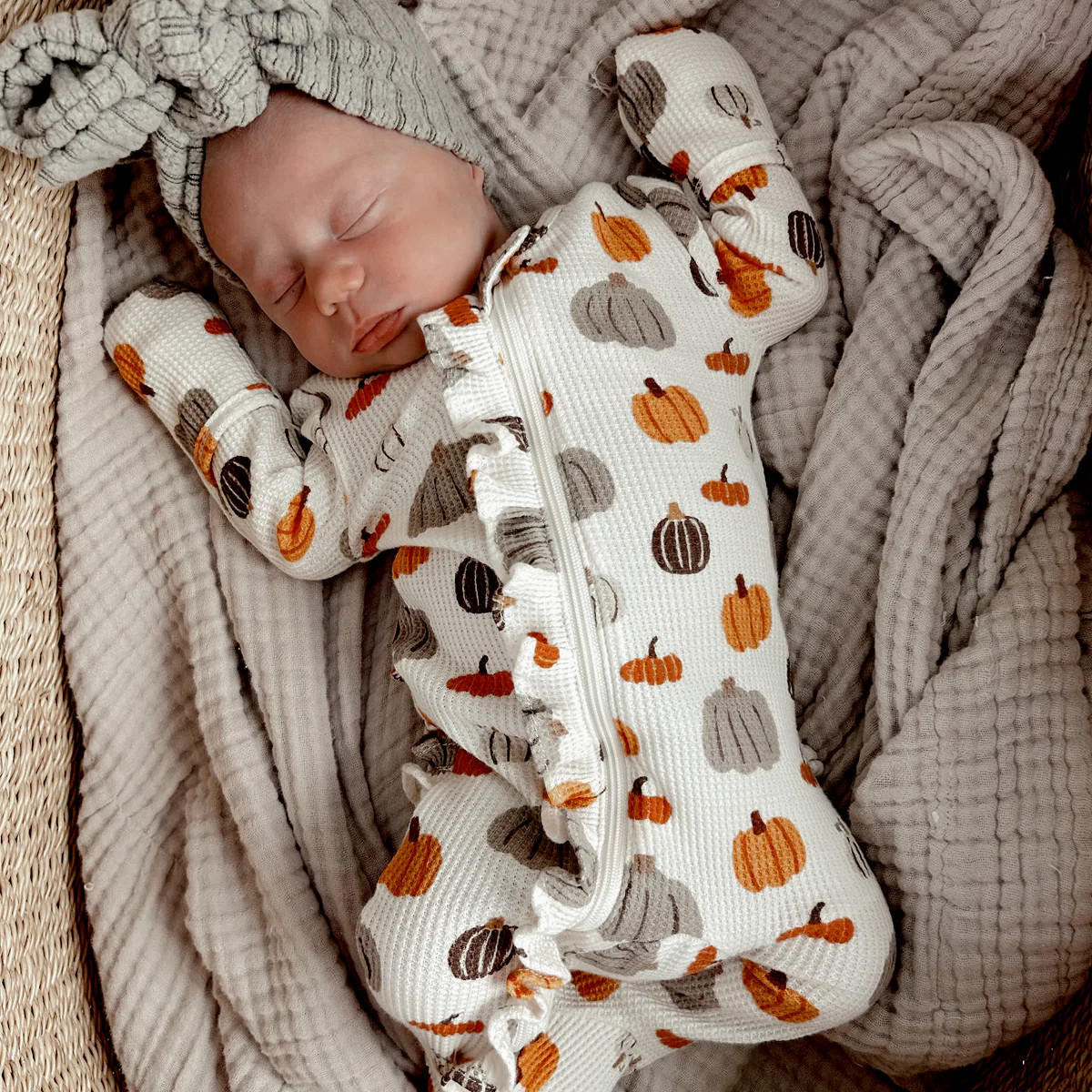 Organic Waffle Ruffle Zip Footie, Harvest Pumpkin | SpearmintLOVE