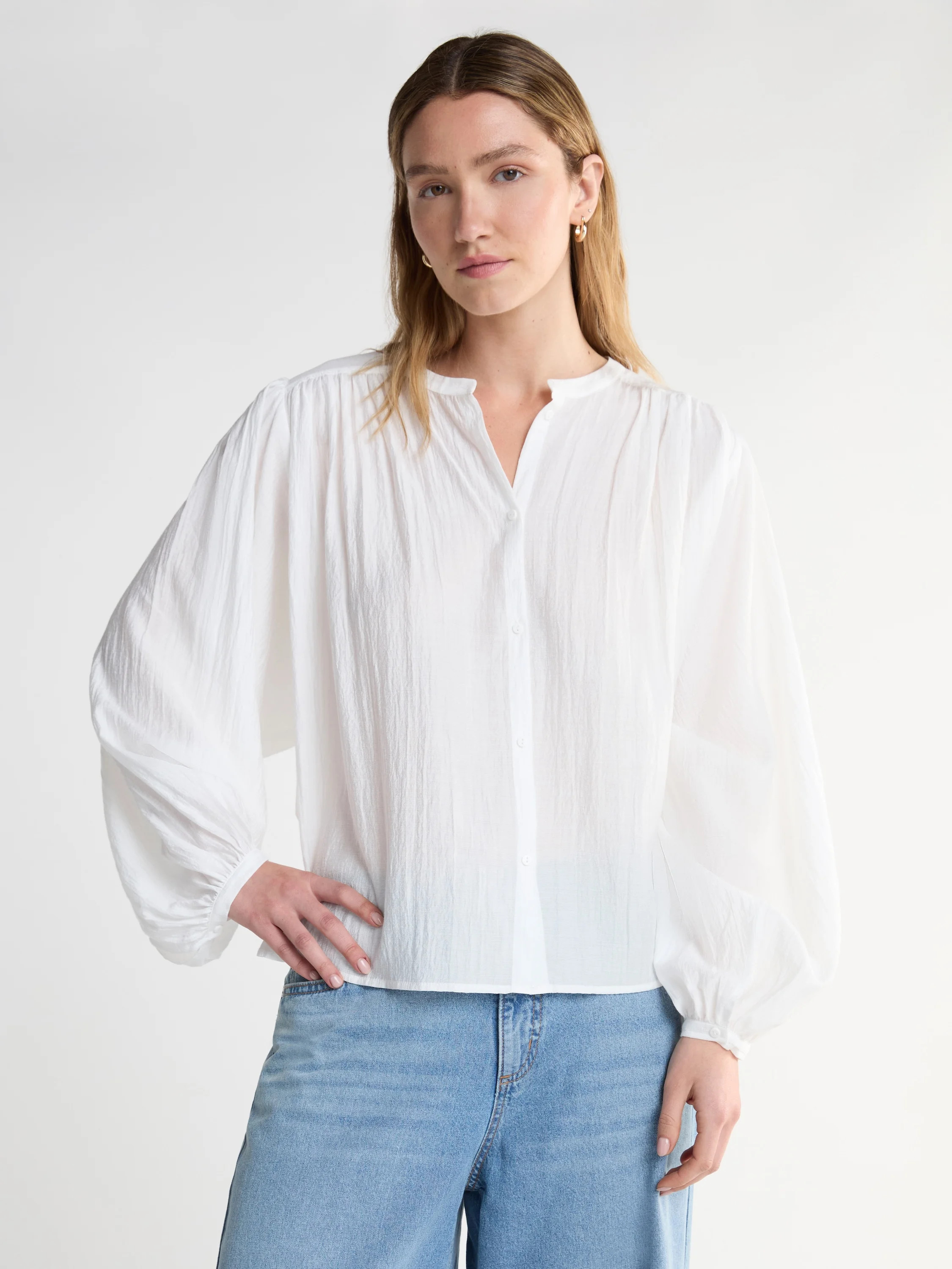 Scoop Women’s Crinkle Gauze Shirt with Blouson Sleeves, Sizes XS-XXL | Walmart (US)