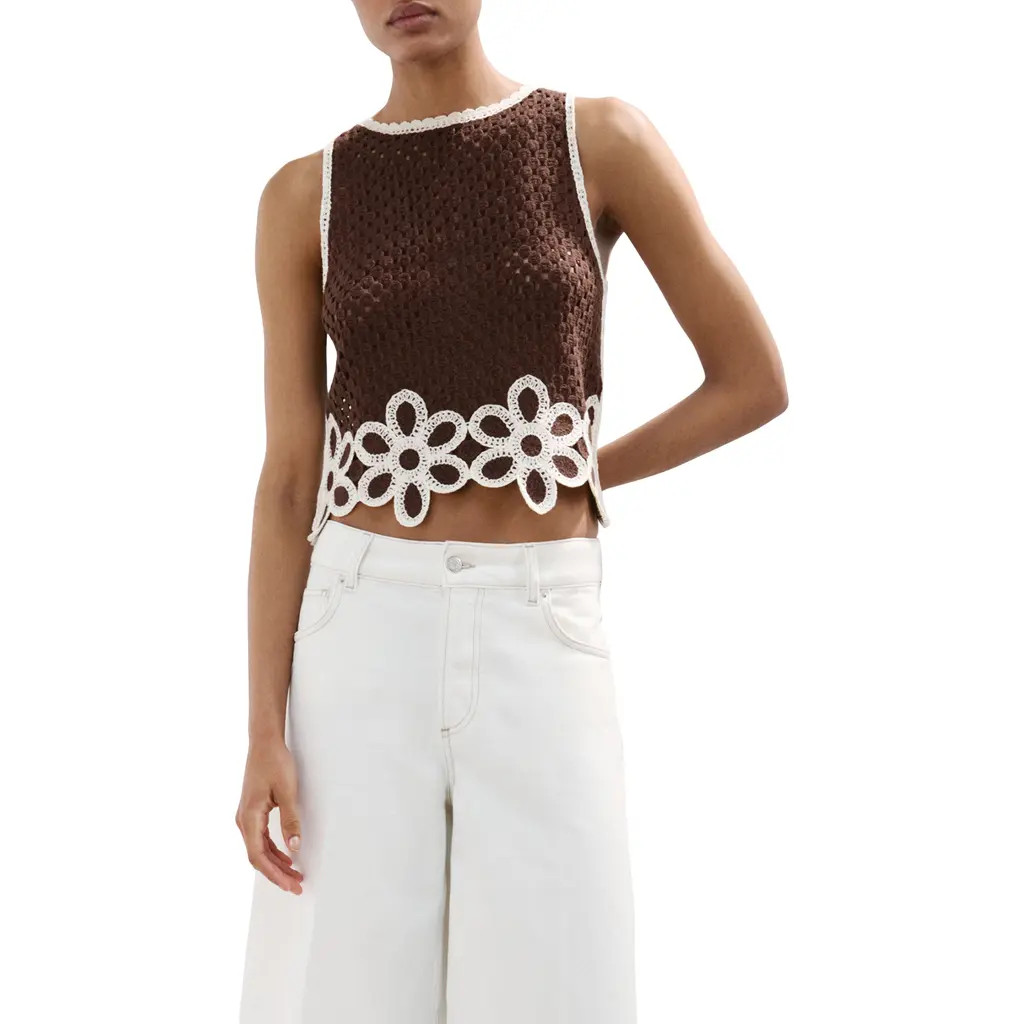 MANGO Floral Scalloped Hem Crochet Tank in Brown at Nordstrom, Size X-Small | Nordstrom