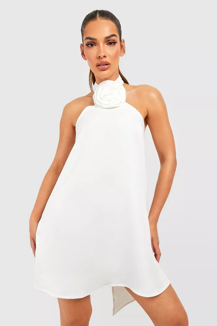 Rose Detail Halter Neck Mini Dress | Boohoo.com (UK & IE)