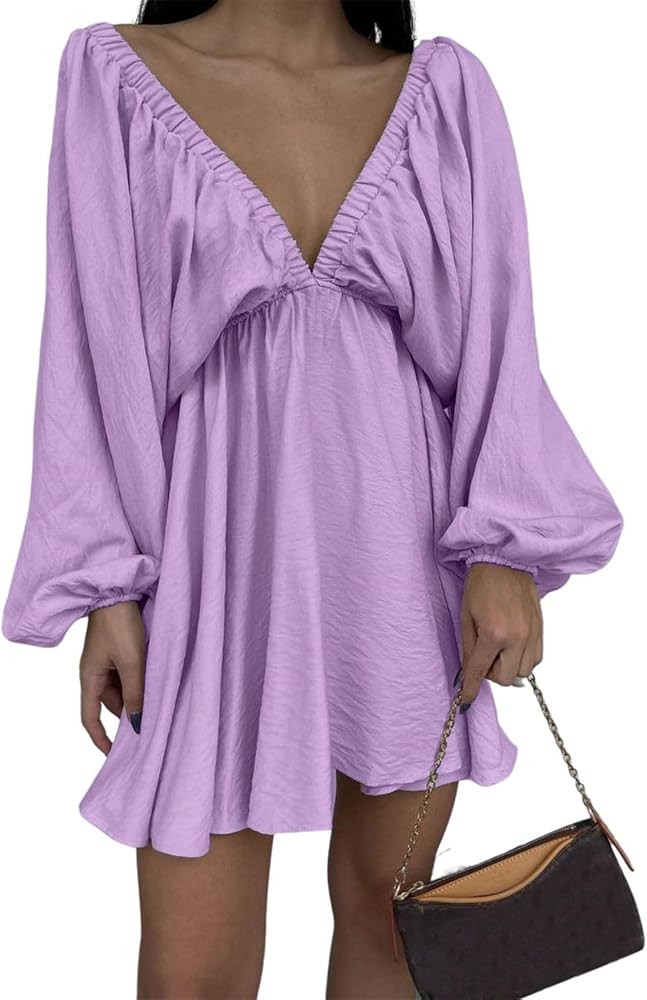 LOFAAC Women Sexy Deep V Neck Puff Long Sleeve Mini Dress Backless High Waist Ruffle Short Dress ... | Amazon (US)
