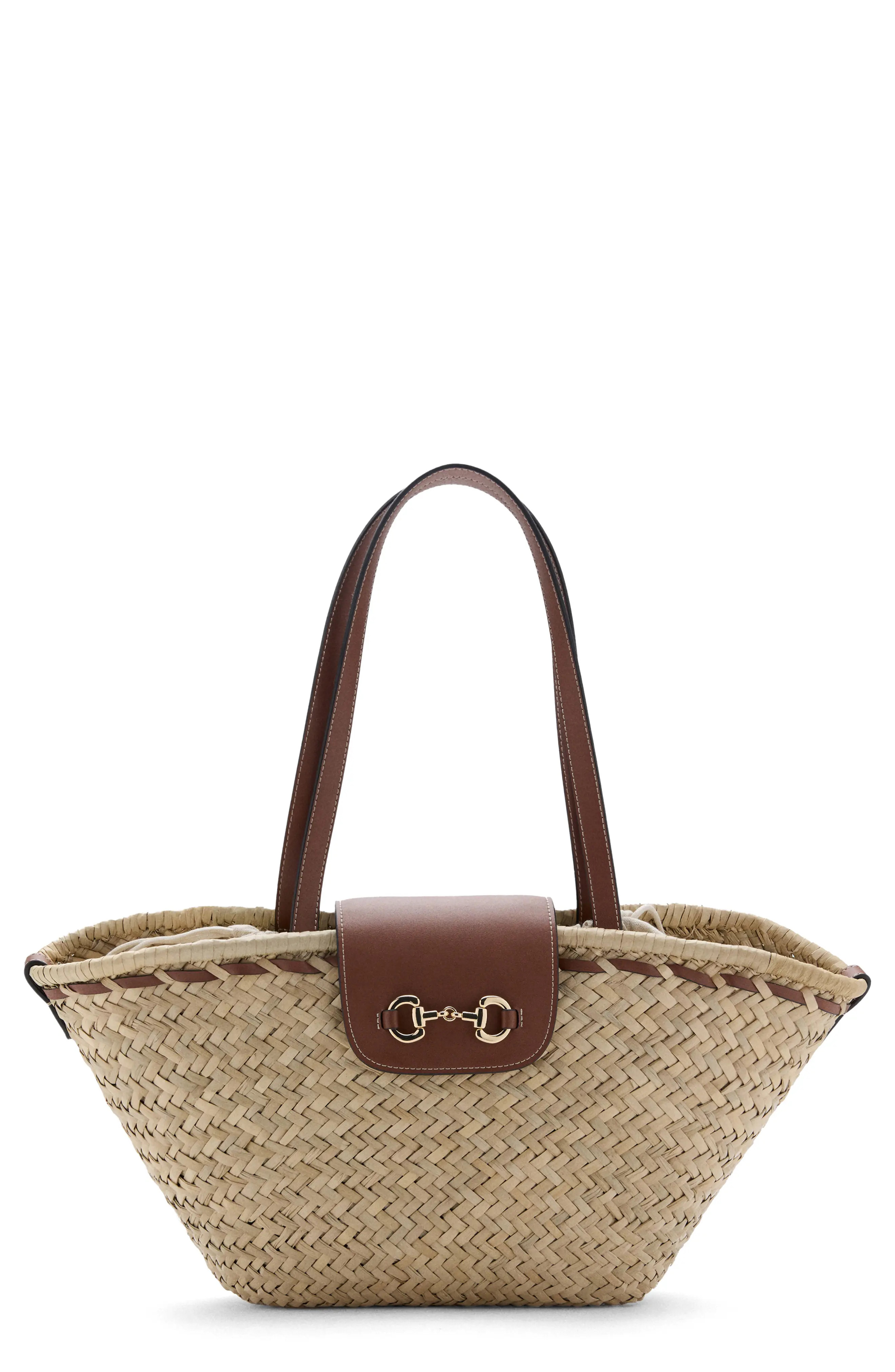MANGO Medium Natural Fiber Shoulder Bag in Natural/Leather at Nordstrom | Nordstrom