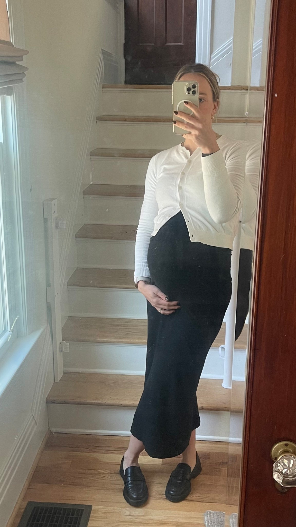 Maternity outfit fashion pregnancy inspo dress sweater loafers work ootd outfit bump style 

#LTKBump