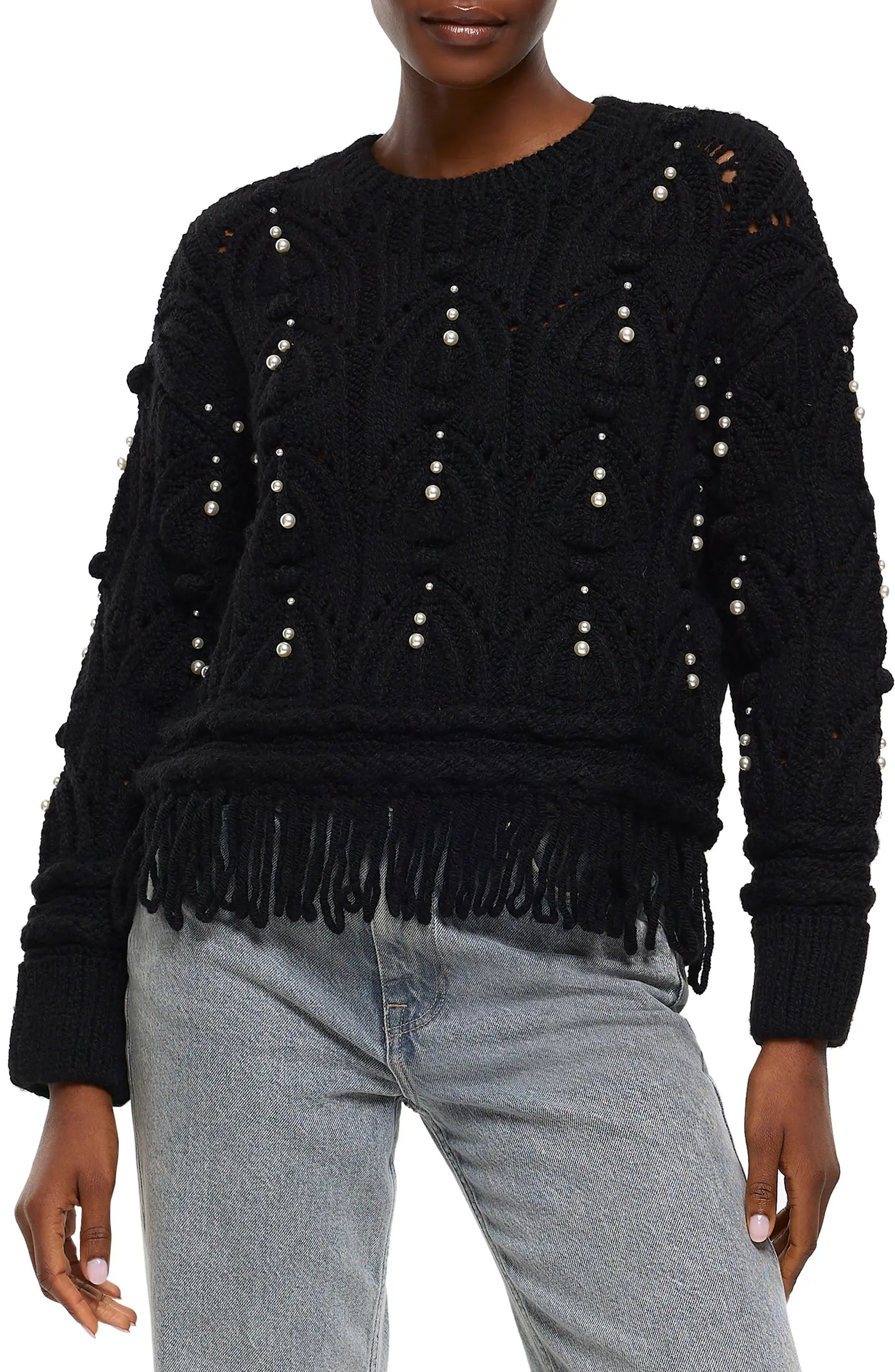 Imitation Pearl Embellished Cable Fringe Sweater | Nordstrom