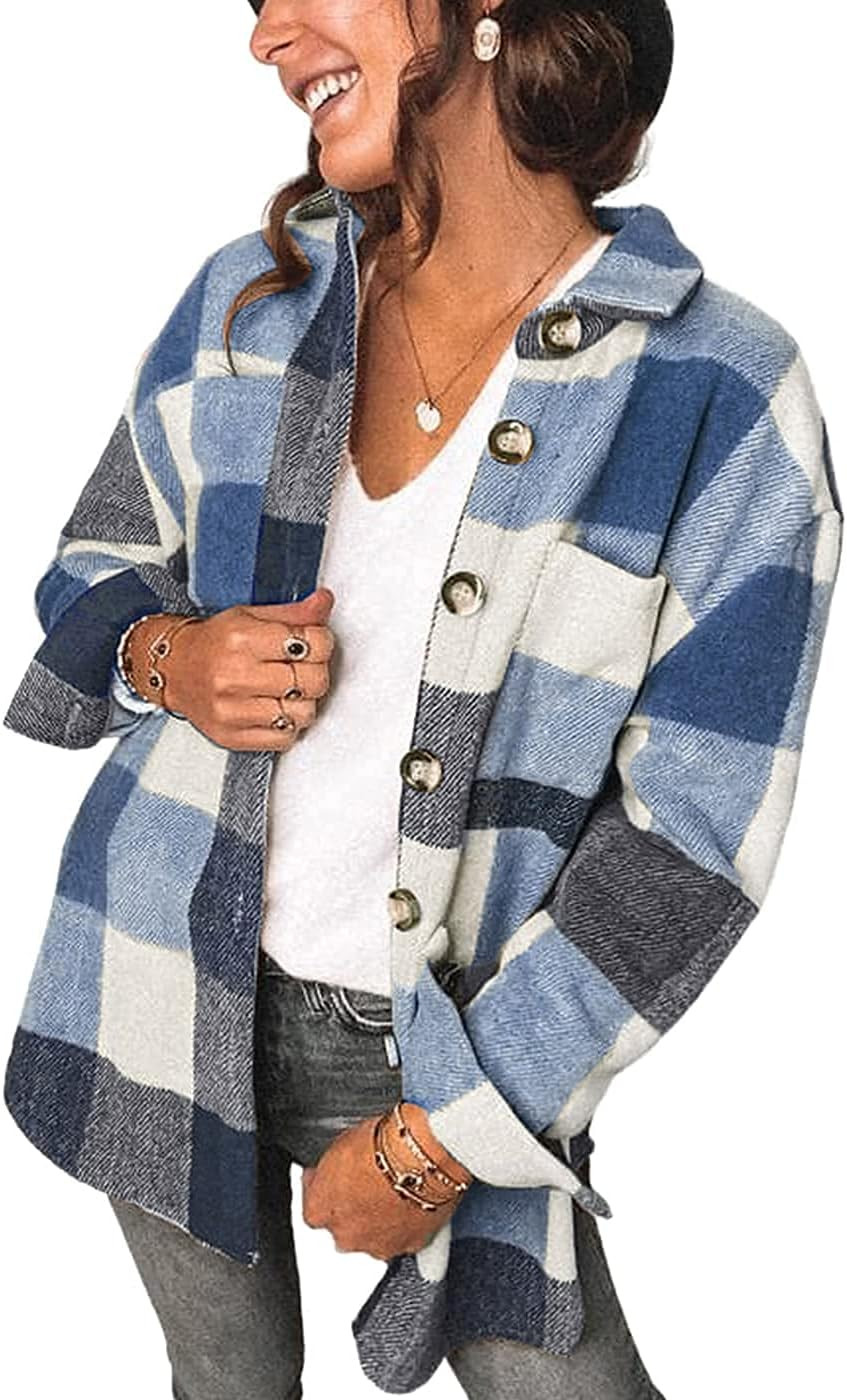 Women's Brushed Plaid Shirts Long Sleeve Flannel Lapel Button Down Cardigan Boyfriend Shacket Jacket Coats | Amazon (US)
