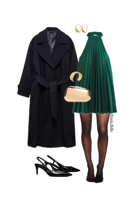 Winter Party Outfit idea, mini halter neck dress, oversized black wool coat, kitten heels, gold clutch bag

#LTKeurope #LTKSeasonal #LTKstyletip