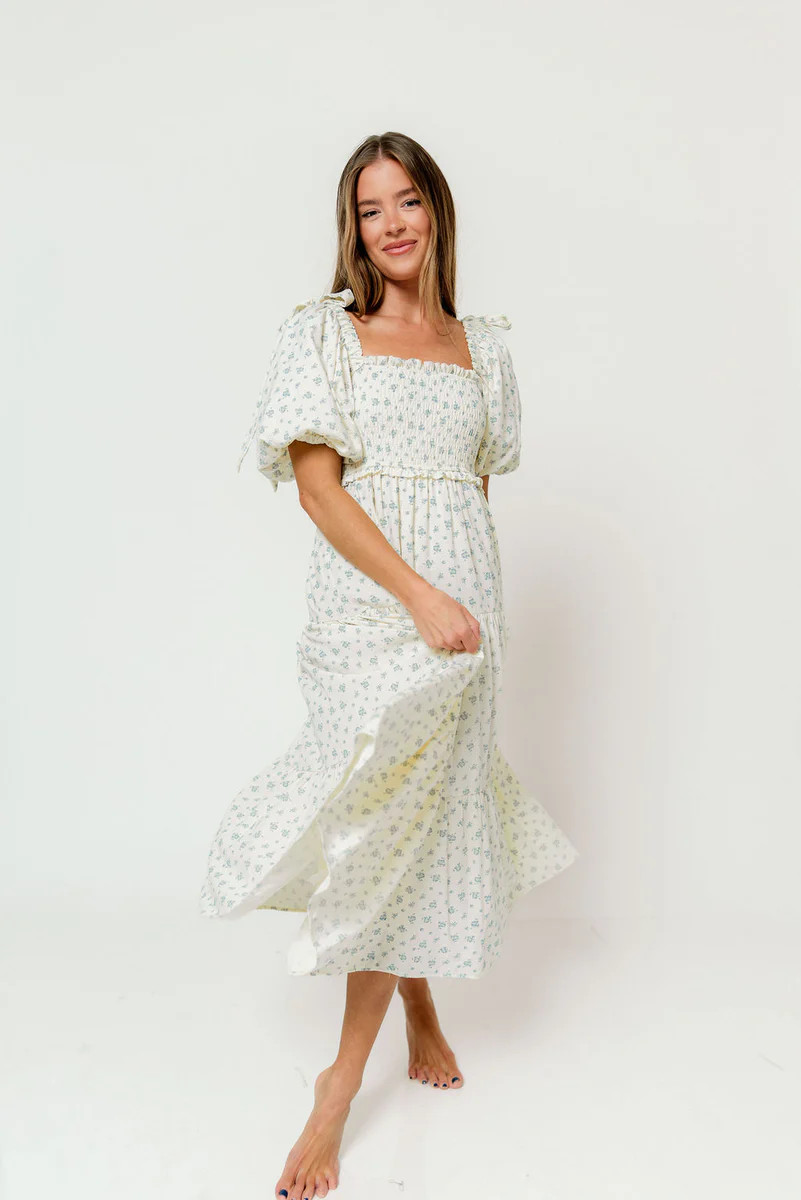Elena 100% Cotton Midi Dress in Cream/Blue Tiny Floral - Bump Friendly | Worth Collective