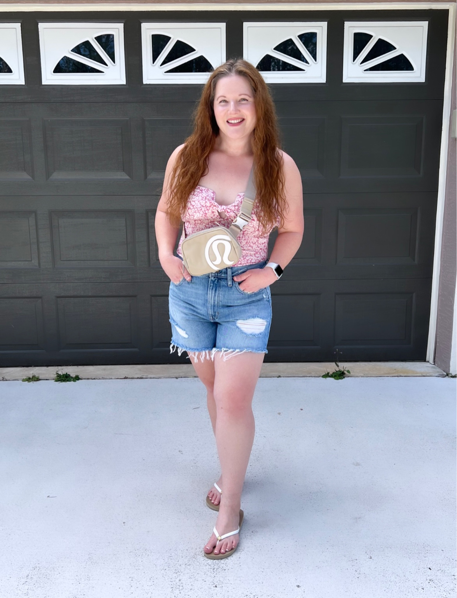 LTKswim, LTKcurves, Madewell denim shorts, Tory Burch flip flops, Bandeau swimsuit, strapless swimsuit, Target swim, Lululemon everywhere belt bag 