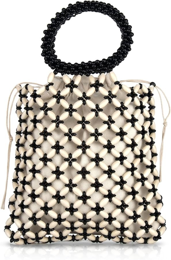 YYW Unique Handmade Wooden Bead Tote Bag for Women, Small Handwoven Clutch Purses Woven Bucket Ha... | Amazon (US)