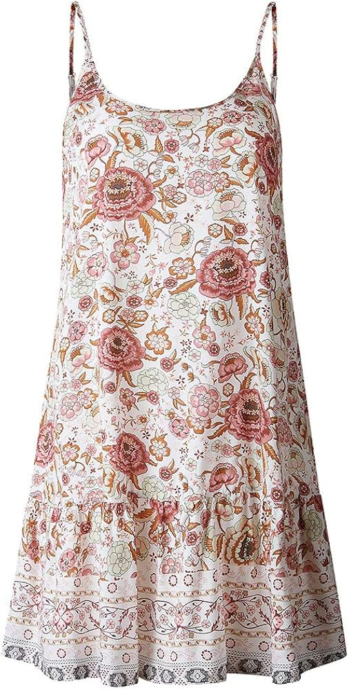 Womens Boho Beach Dress - Floral Spaghetti Strap Sleeveless V Neck A line Swing Casual Sundress B... | Amazon (US)