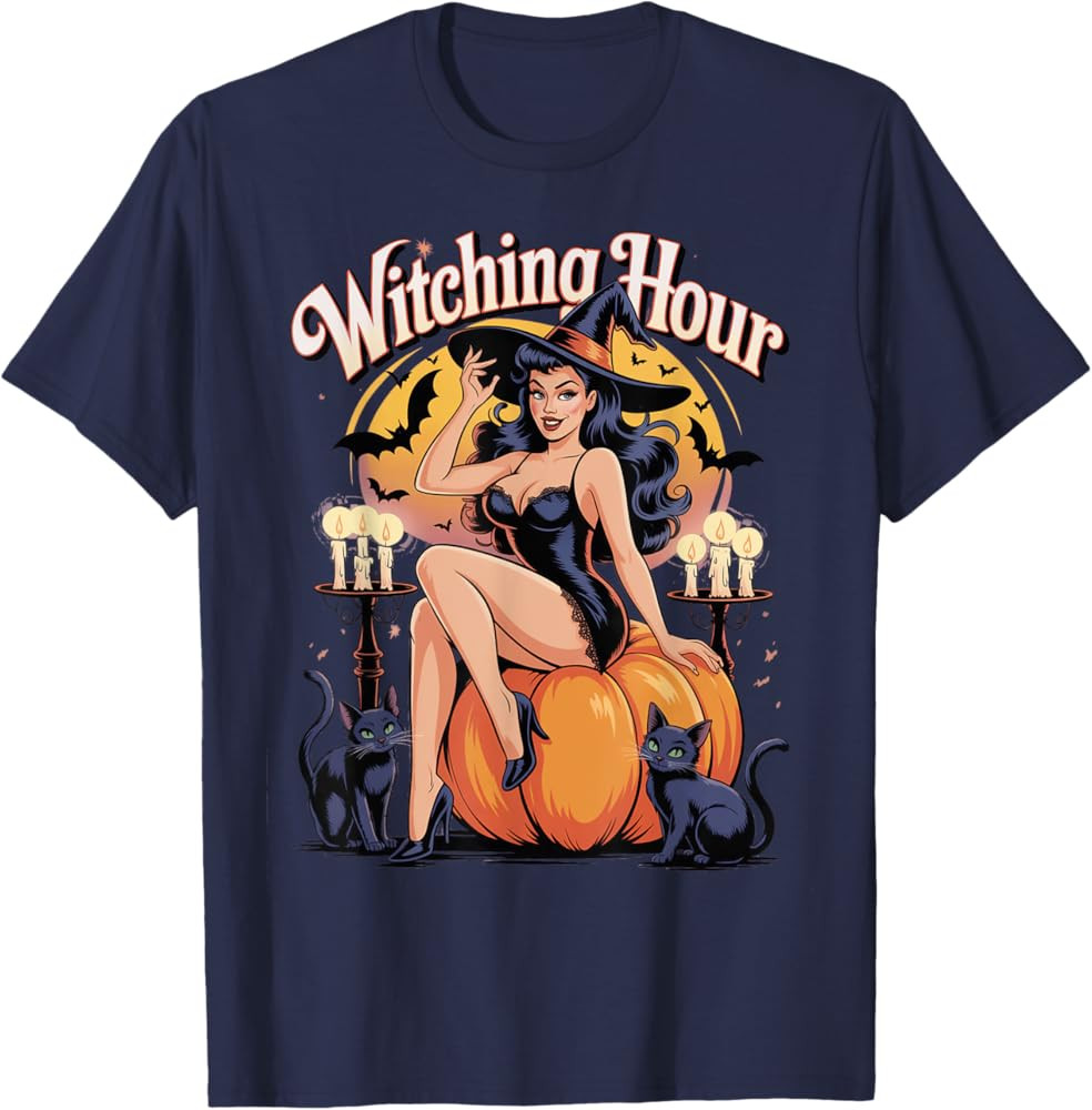 Vintage Halloween Witch Pin Up Girl Sexy Pumpkin Black Cat T-Shirt | Amazon (US)