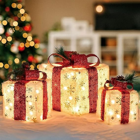 Set of 3 Christmas Lighted Gift Boxes, Pre-lit 60LED Light Up Present Boxes Ornament Outdoor, Box... | Amazon (US)