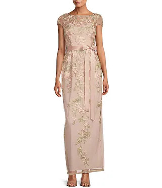 Cascading Floral Embroidery Illusion Boat Neck Short Sleeve Gown | Dillard's