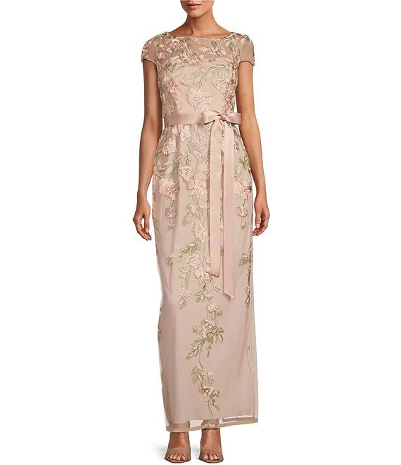 Cascading Floral Embroidery Illusion Boat Neck Short Sleeve Gown | Dillard's