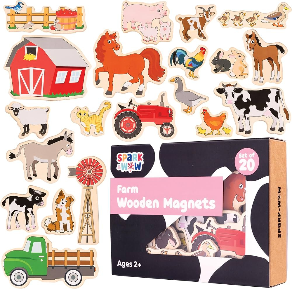 SPARK & WOW Wooden Magnets - Farm - Set of 20 - Magnets for Kids Ages 2+ - Cute Farm Magnets for ... | Amazon (US)