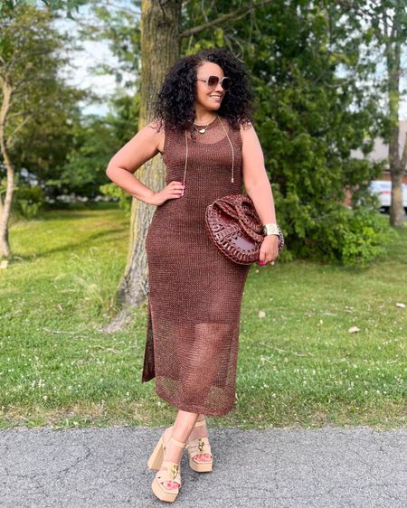 Date night vibes in this super cute crochet dress in this chocolate brown with metallic gold intertwined and this it also comes in silver , hot pink , teal just to name a few and only $35! I may need to circle back for the pink one also #summerdress #crochet #midsizefashion #curvystyle #fashionover40 #targetstyle #weekendvibes #datenight #patricianash 

#LTKFindsUnder50 #LTKOver40 #LTKMidsize