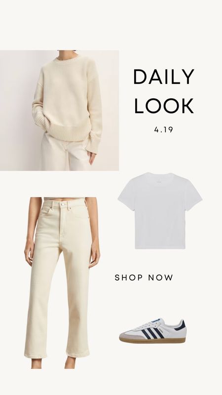 Daily Look 4.19 | White tee, ivory sweater, ecru jeans, adidas samba sneakers

Spring outfit
Spring style
Classic style
Neutral outfits
Capsule style
Minimal outfits 

#LTKstyletip #LTKSeasonal #LTKfindsunder100