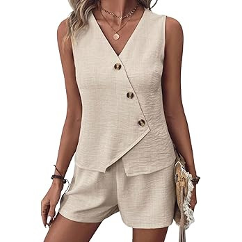HVT Womens Short Sets 2026 Summer 2 Piece Vest Tops Sleeveless V Neck Button Down Suit High Waist... | Amazon (US)