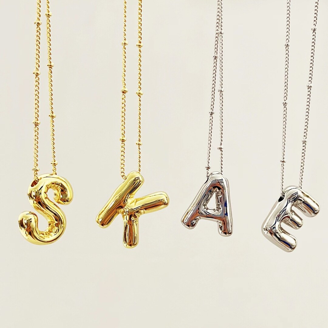 Balloon Letter Necklace With Beaded Satellite Chain 14k Gold - Etsy | Etsy (US)
