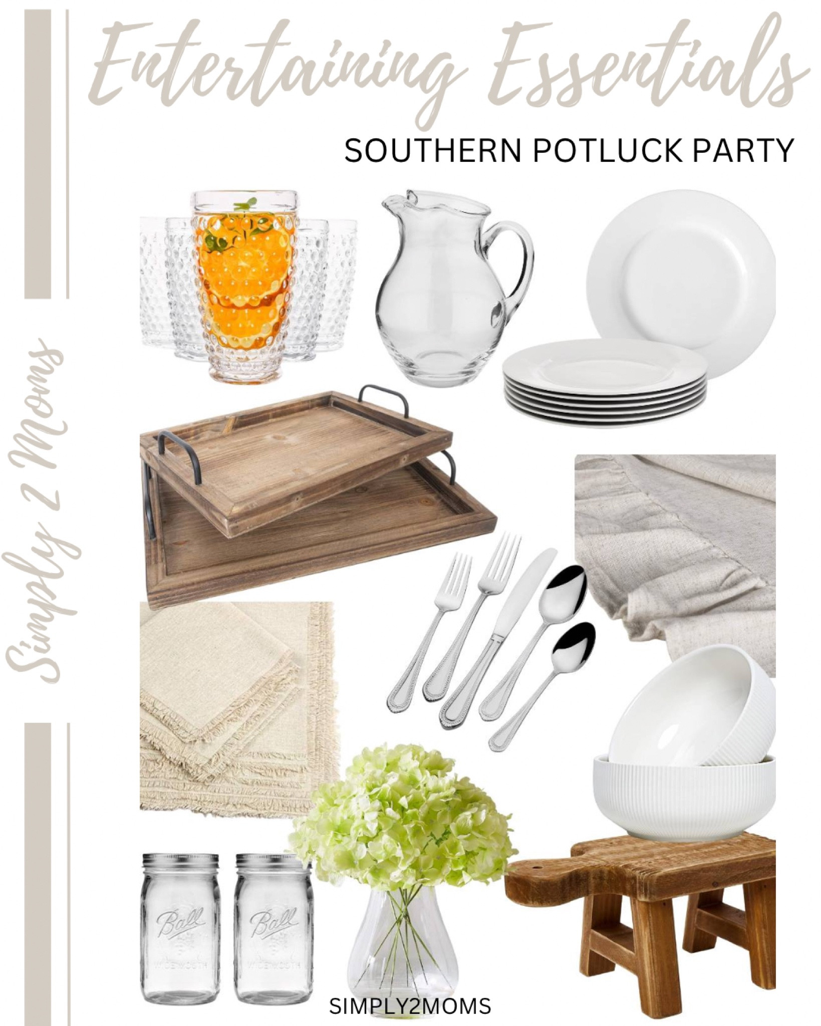 Everything you need to host a southern potluck party. Wood trays and risers add warmth. Essentials like plates, glasses and silverware. Neutral fringed napkins and ruffled tablecloths bring texture to your table. Faux hydrangea flower stems. #tablescapes #entertaining 

#LTKhome #LTKparties #LTKstyletip