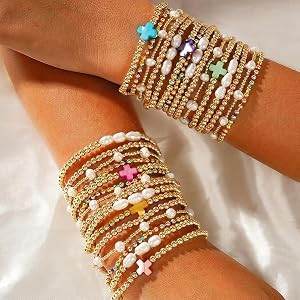 14K Gold Pearl Beaded Cross Bracelets Stack Set for Women,Stretch Boho Colorful Christian Beads B... | Amazon (US)