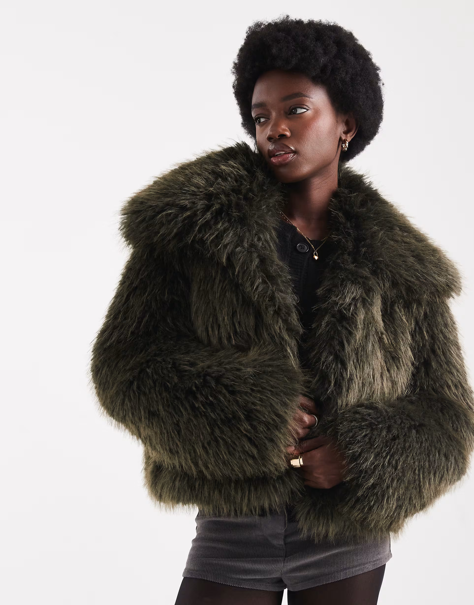ASOS DESIGN cropped faux fur jacket in khaki green | ASOS (Global)