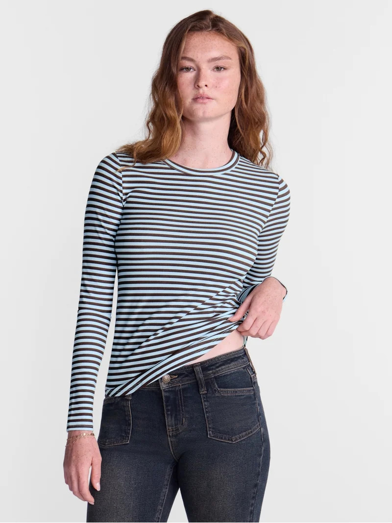 No Boundaries Ribbed Crewneck Tee with Long Sleeves, Women's & Women's Plus XXS-4X | Walmart (US)