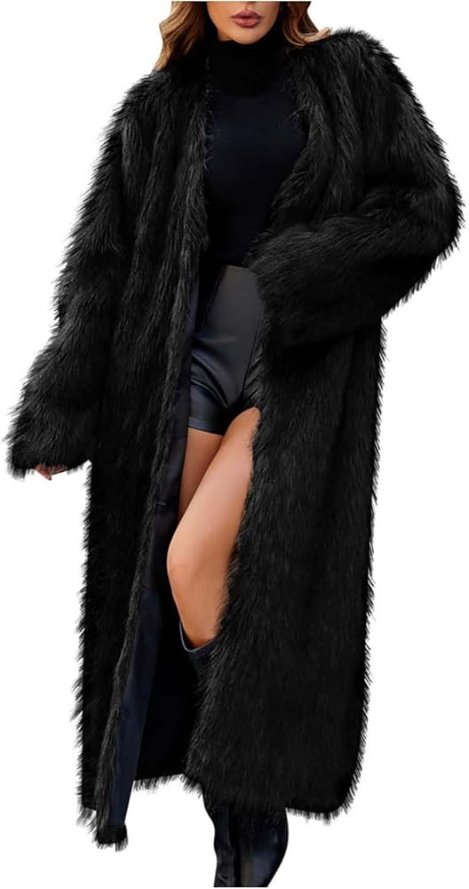 Faux Fur Jacket Women Luxury Long Faux Fur Winter Coat Fuzzy Plush Shaggy Overcoat Trendy Open Fr... | Amazon (US)