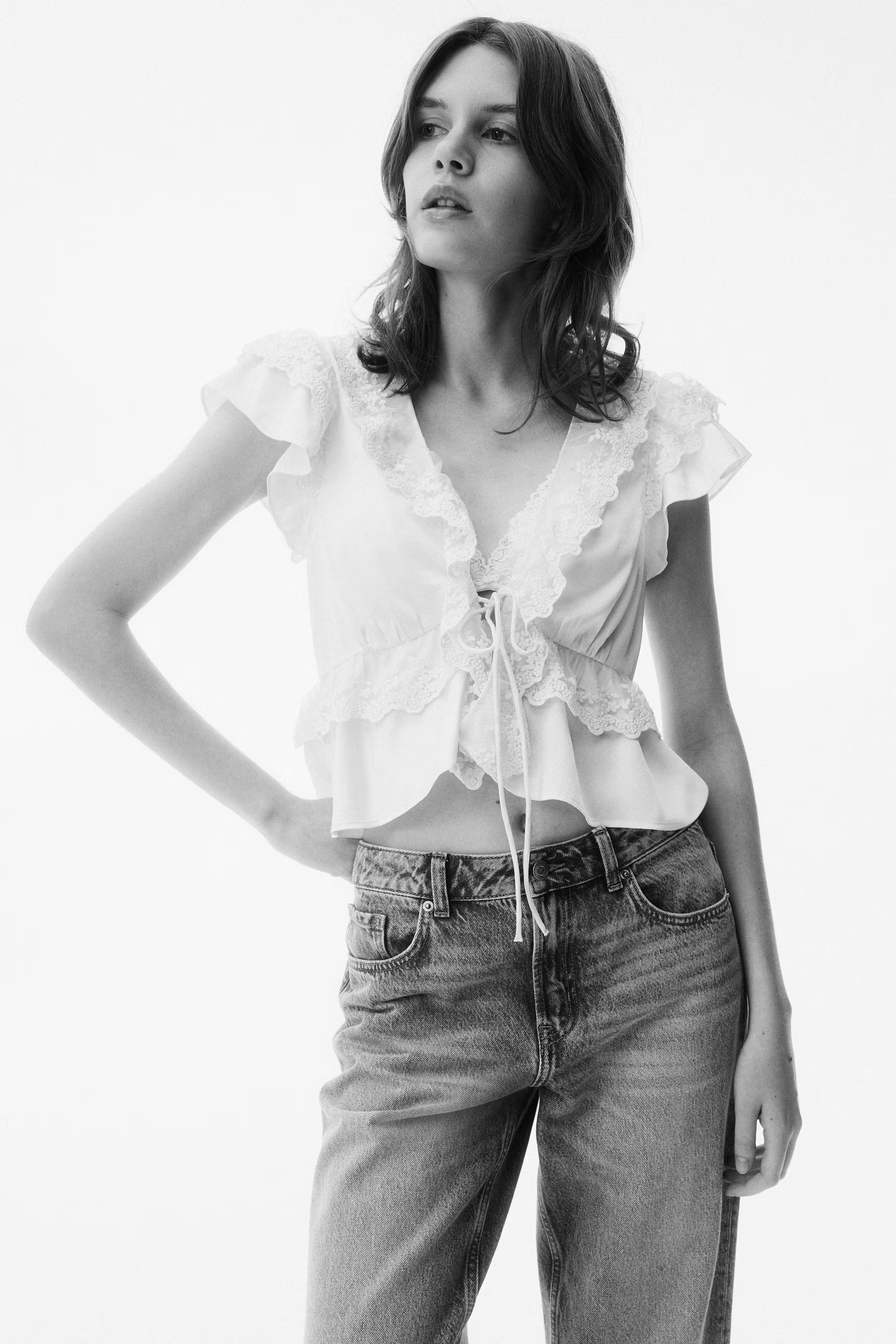 Flounce-Trimmed Satin Blouse | H&M (US + CA)