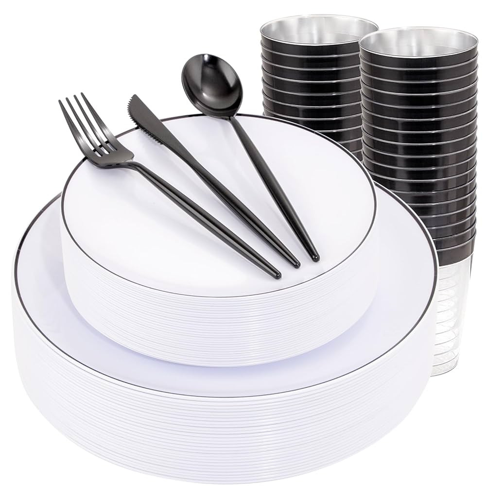 EI 180pcs White Plastic Dinnerware Set Include Black Disposable Silverware,Dinner and Dessert Pla... | Amazon (US)