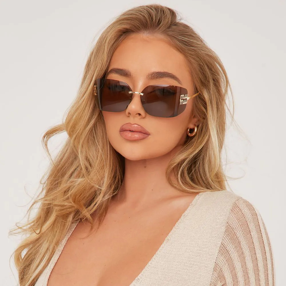 Side Detail Brown Tinted Lense Frameless Sunglasses In Gold | EGO (UK)