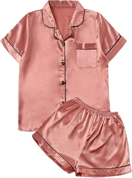 Verdusa Women's 2pc Satin Nightwear Button Front Sleepwear Short Sleeve Pajamas Set | Amazon (US)