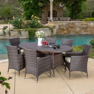 Dana Outdoor 7-piece Wicker Dining Set with Cushions by Christopher Knight Home | Bed Bath & Beyond