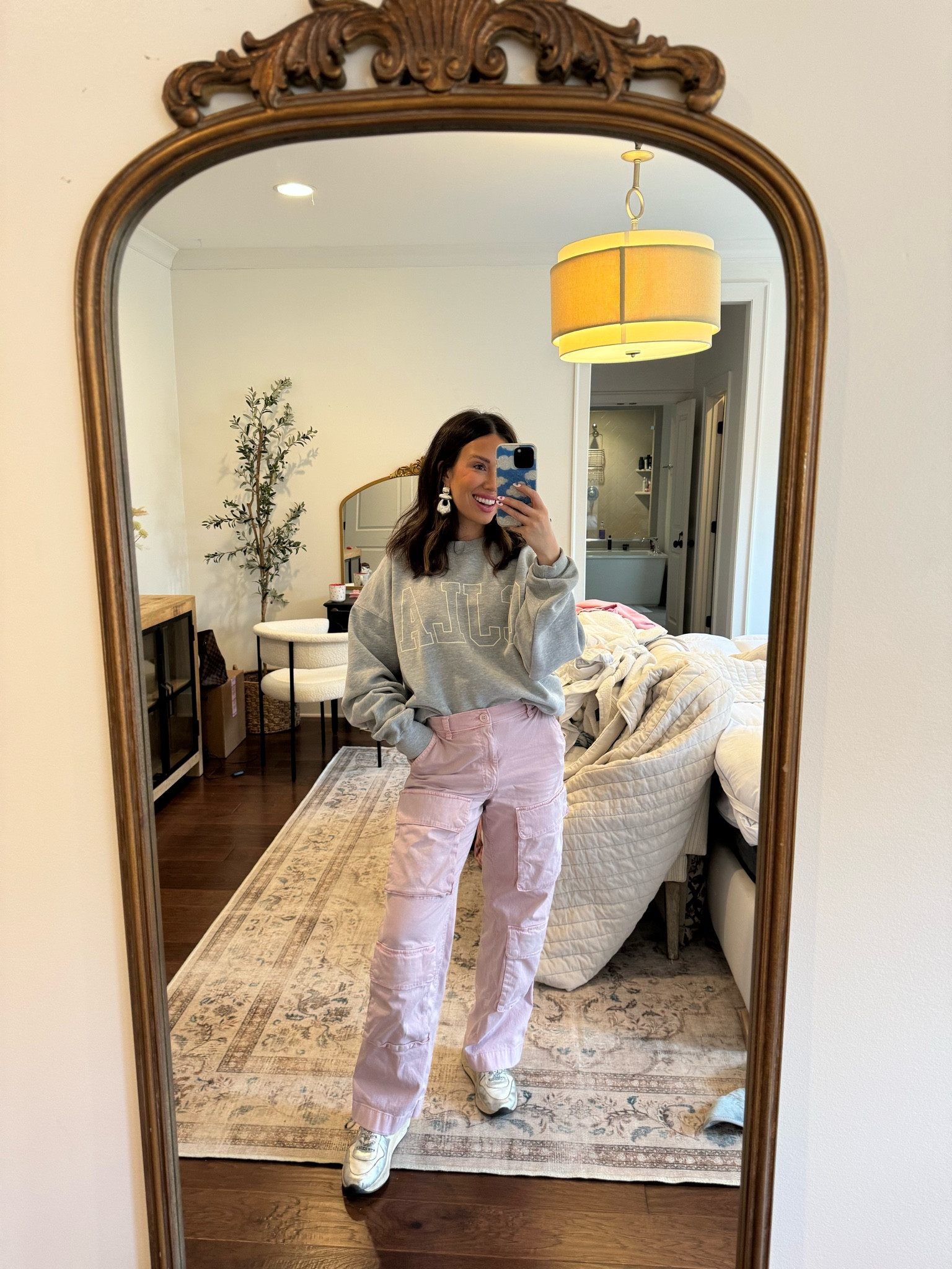 Today's comfy outfit! Linking a similar crewneck from Aritzio because this one from CJLA is sold out!
Comfortable outfit inspo, grey and pink, cargo pants, how to wear cargos, Golden Goose, pink cargo pants, Abercrombie, Carly Jean Los Angeles, Sonix phone case, Made by Mary / Emilie Kiser collab huggies, statement chunky earrings

#LTKSeasonal #LTKstyletip #LTKMostLoved