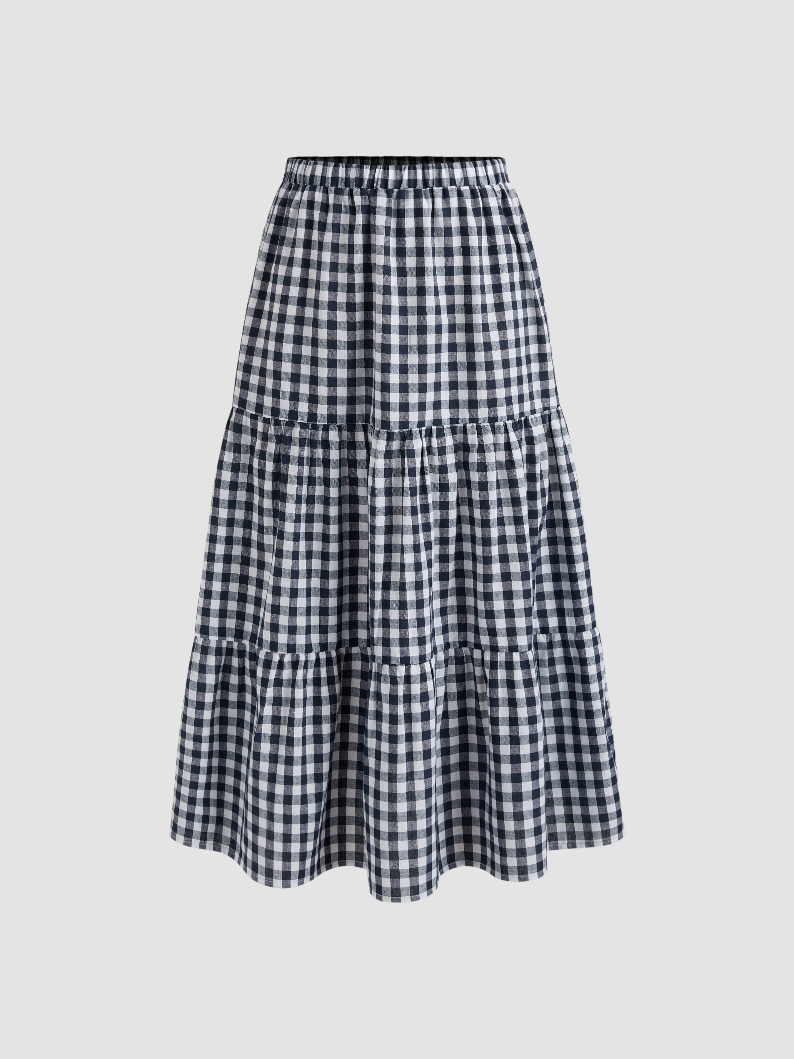 Long Skirts Woven Woven High Rise Gingham Tiered Midi Skirt For Vacation | Cider