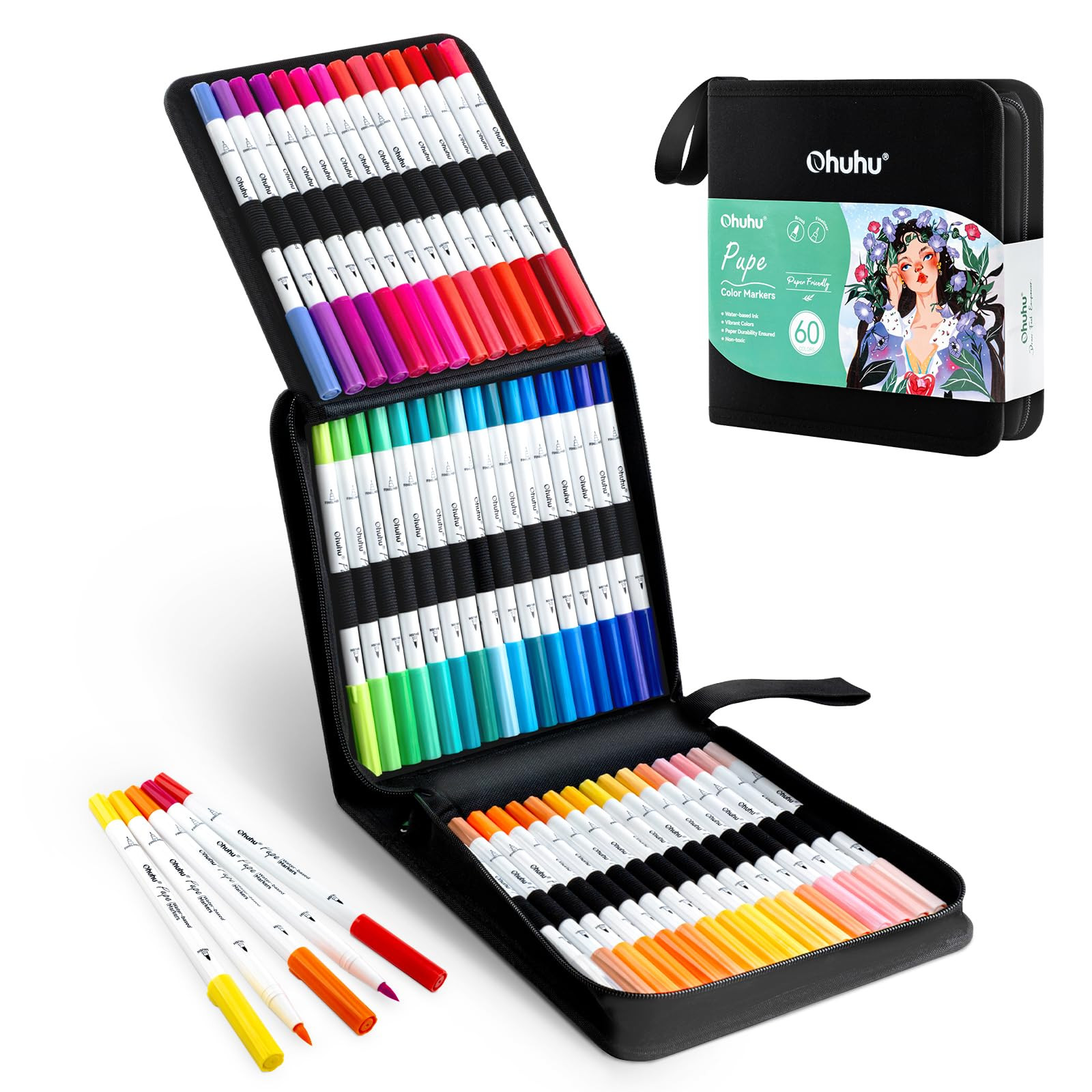 Ohuhu Markers Paper-friendly No Peeling Water-based 60 Colors Dual Brush Fineliner Tips Markers f... | Amazon (US)