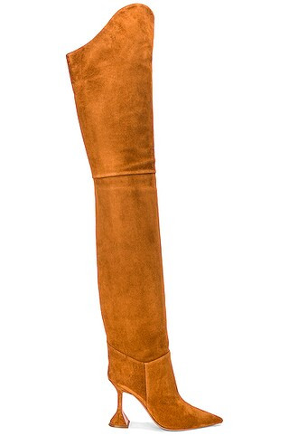 AMINA MUADDI Iman Thigh High Suede Boot in Brown,Neutral | FWRD 