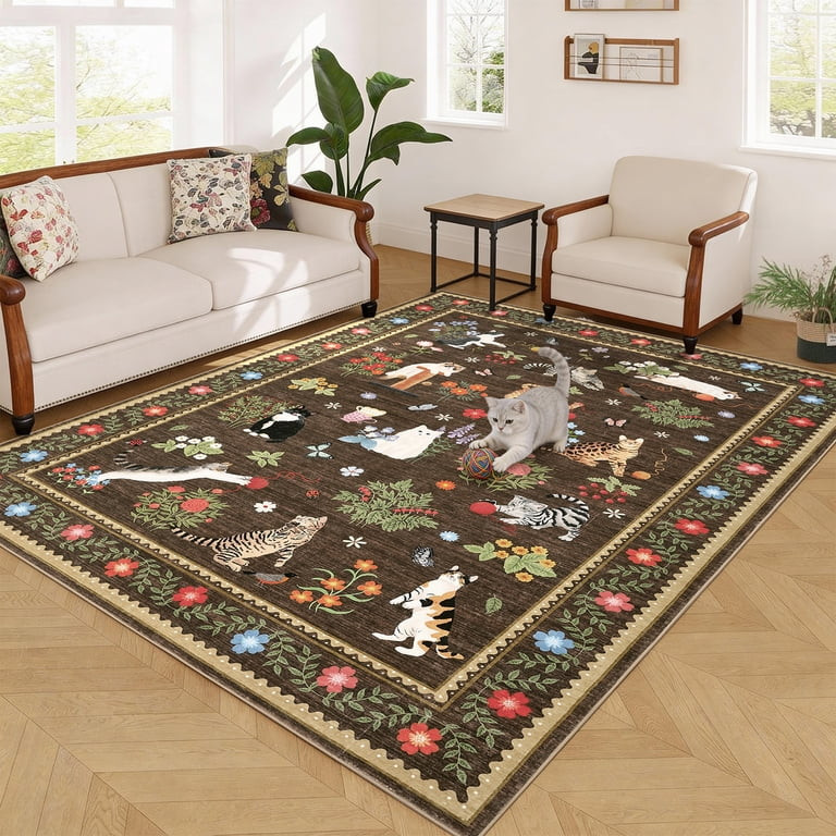 Garvee 9'x12' Floral Area Rug Animal Cat Carpet, Washable Boho Rugs Non Slip Low Pile Soft Indoor... | Walmart (US)