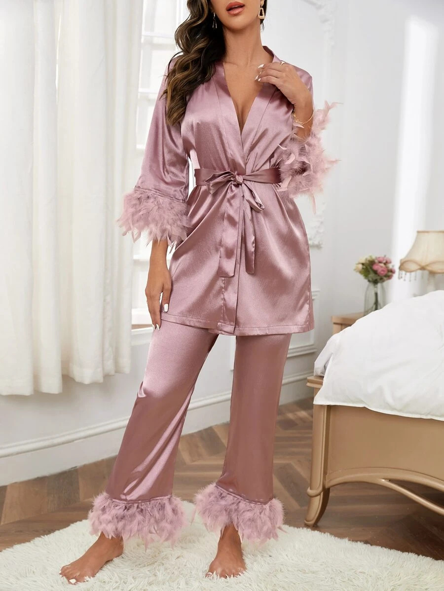 Fuzzy Trim Belted Satin PJ Set SKU: si2203315999905999(100+ Reviews)Trending - Warm Winter$22.00M... | SHEIN