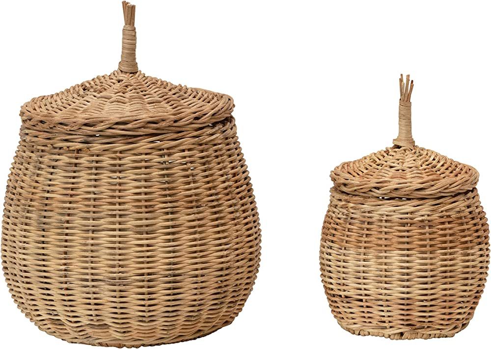 Creative Co-Op Hand-Woven Wicker Baskets with Lids, Set of 2 Canister, Natural, 2 | Amazon (US)