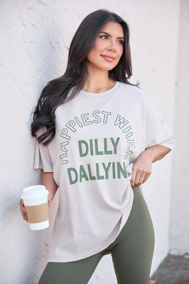 Happiest When Dilly Dallying Taupe Oversized Graphic Tee | Pink Lily