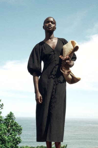 Button-front Dress - V-neck - 3/4 sleeve - Black - Ladies | H&M US | H&M (US + CA)