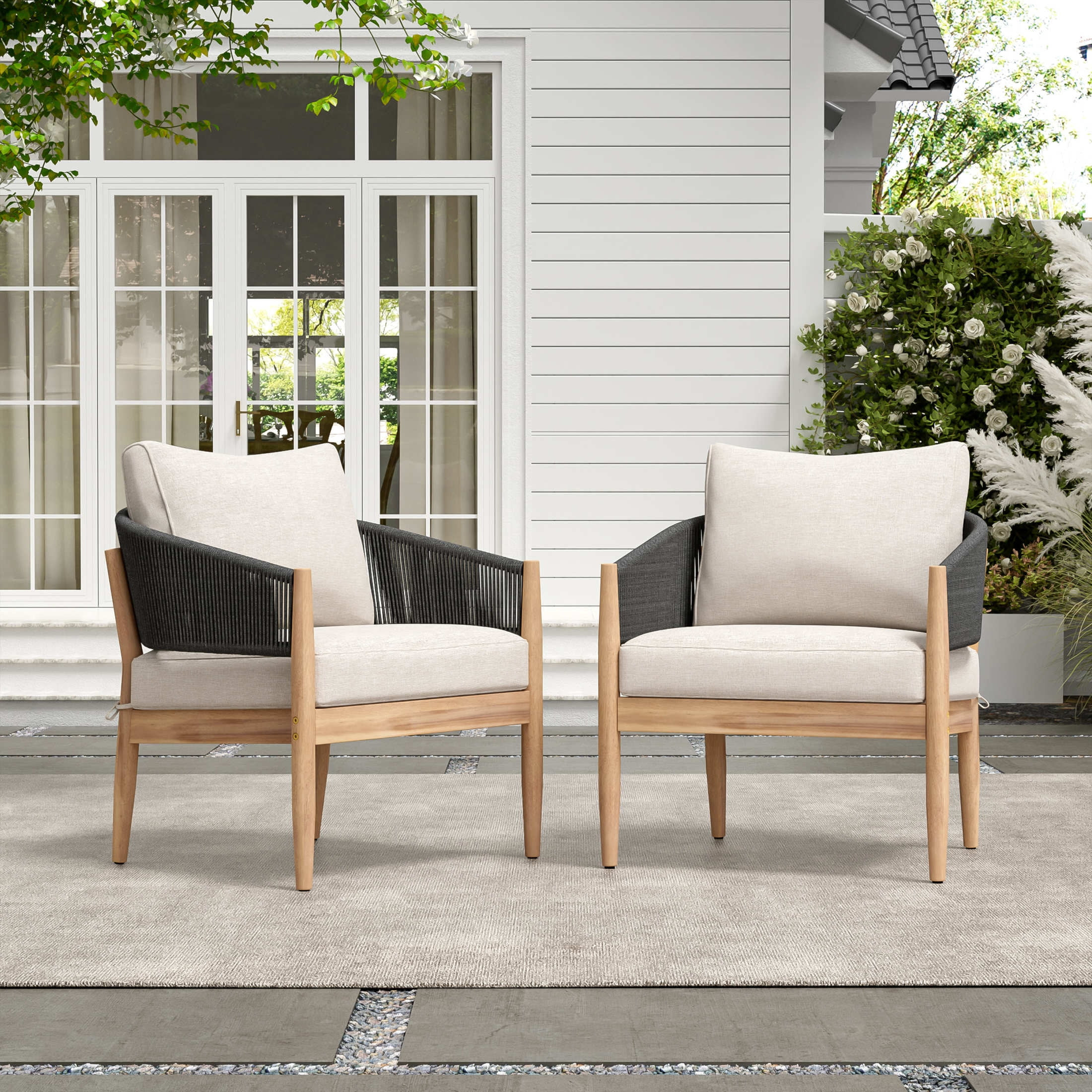 Christopher Knight Home Outdoor Patio Club Chairs, Wood Frame with Cushion and Black Rope, Set of... | Walmart (US)