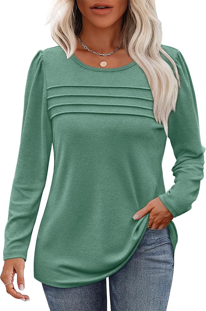 OFEEFAN Long Sleeve Shirts for Women Fall Fashion 2025 Dressy Casual Blouses Trendy Pleated Tunic... | Amazon (US)